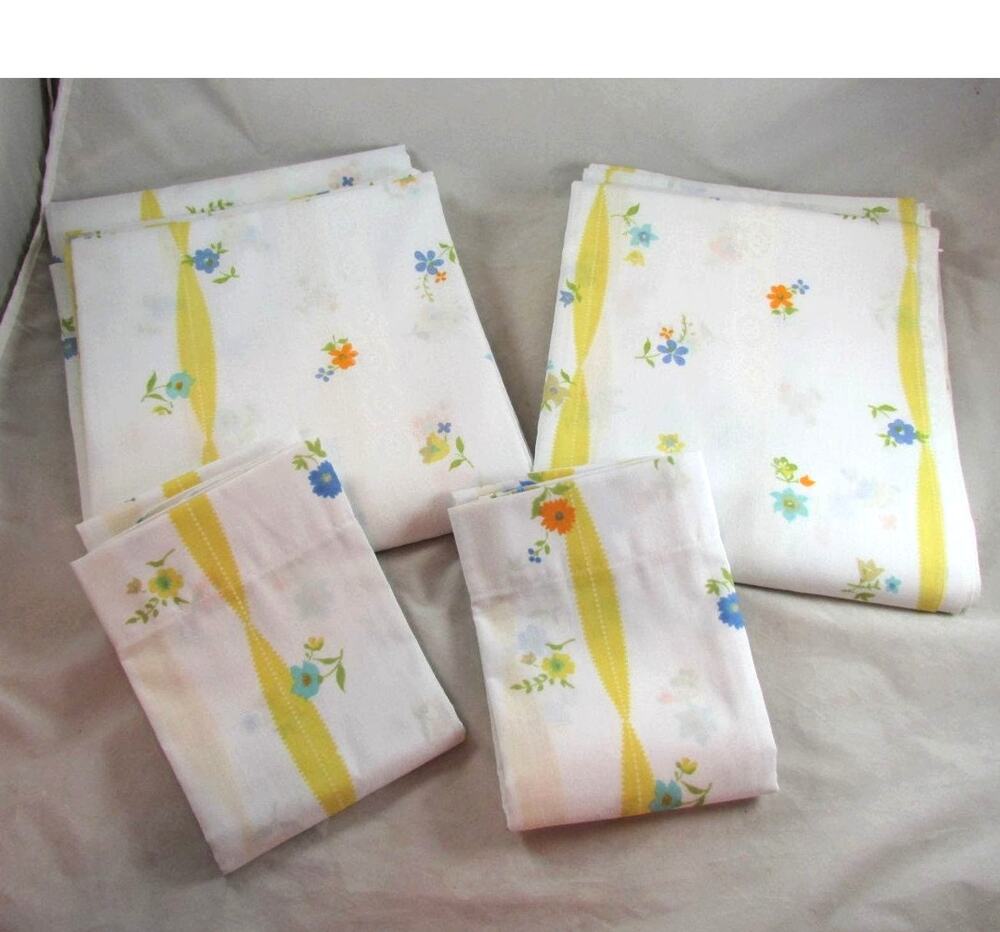 Floral Ribbon Print Double Bed Flat Sheets Pillowcases USA Morgan Jones Vintage